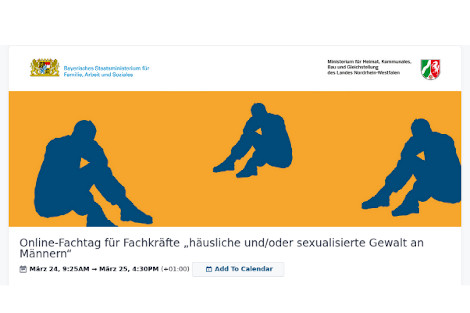 Screenshot zeigt Grafik: blaue Silhouetten von sitzenden Männern in verschiedenen Positionen auf gelbem Grund