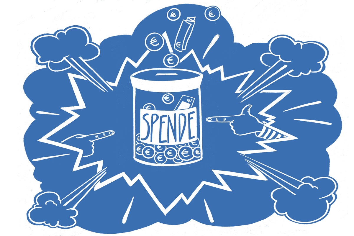 Eine Grafik zeigt eine Spardose mit Aufschrift Spenden in einer gezackten blauen Wolke und eine Hand, die darauf zeigt