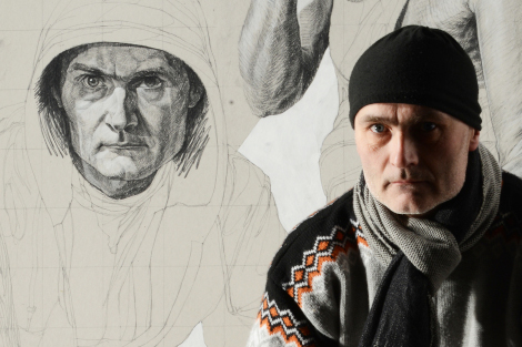 Zeichnung und Foto eines Mannes mit Mütze und Schal
