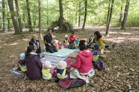 Kinder, Erzieher und Eltern sitzen im Kreis auf Decken im Wald