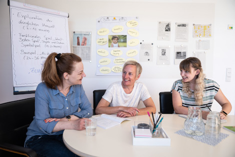 Drei Frauen sitzen diskutierend vor einer beschriebenen Flipchart an einem runden Tisch.