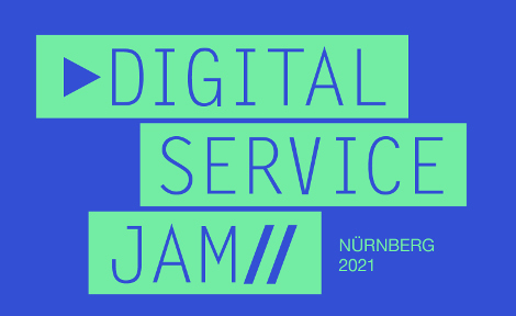 Grüner Schriftzug Digital Service Jam auf blauem Hintergrund