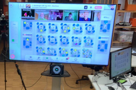 Grosser Bildschirm mit virtueller Raumskizze und Screenshots von 6 Teilnehmer umgeben von Kamera und weiterer Technik
