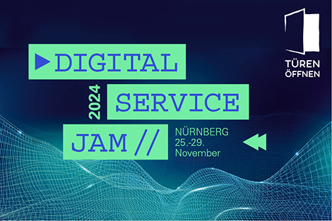 Schriftzug Digital Service Jam in grün auf blauem Hintergrund