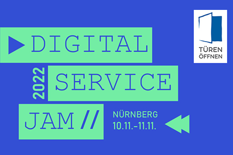 Schriftzug Digital Service Jam in grün auf blauem Hintergrund