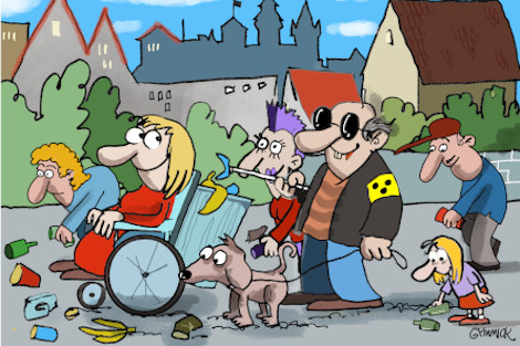 Ein Cartoon von Gymmick, auf dem Menschen mit und ohne Behinderung Müll sammeln.